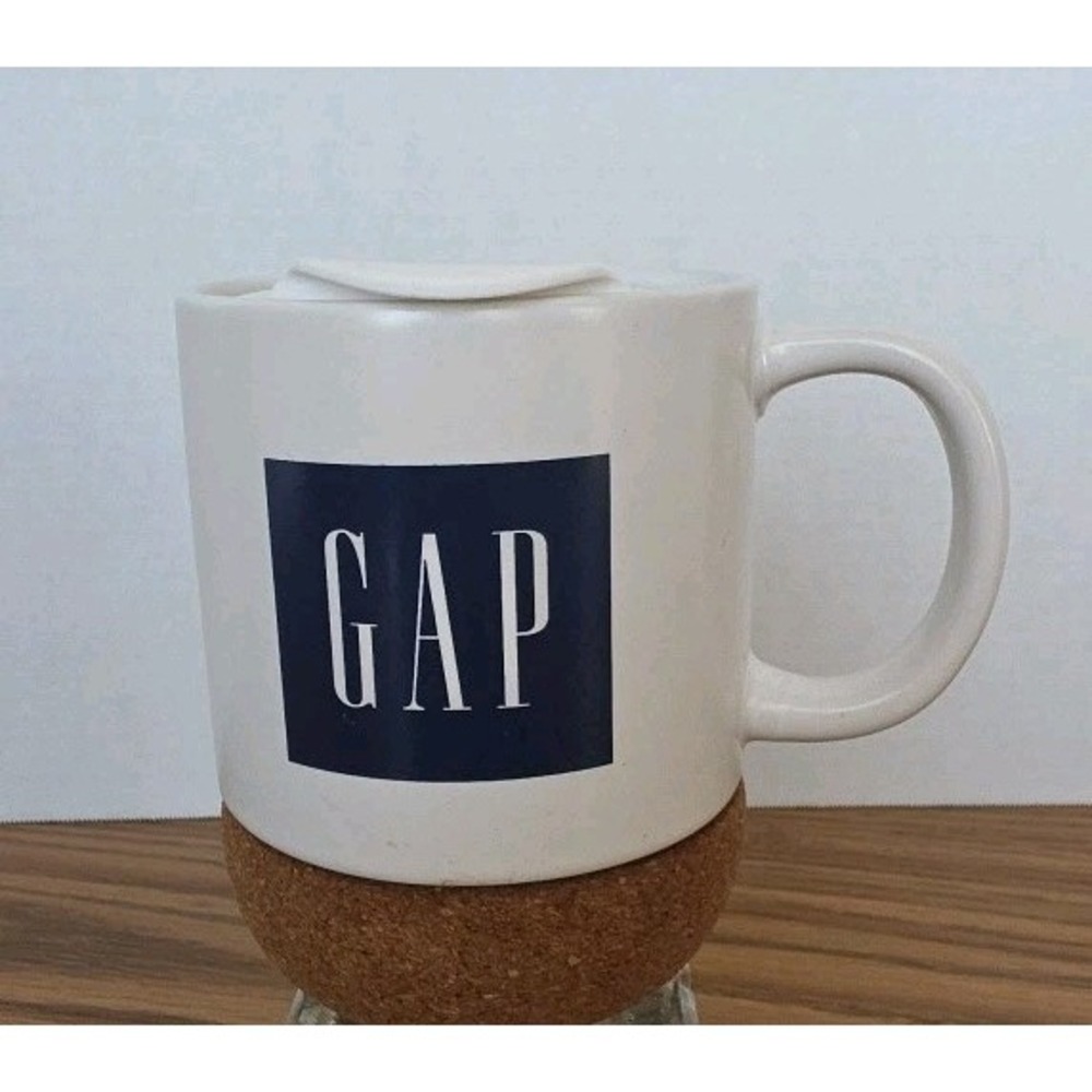 Vintage 90s GAP Logo Ceramic Coffee Mug Travel Cup White Cork Bottom  Lid Rare